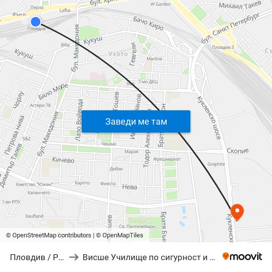 Пловдив / Plovdiv to Висше Училище по сигурност и икономика map