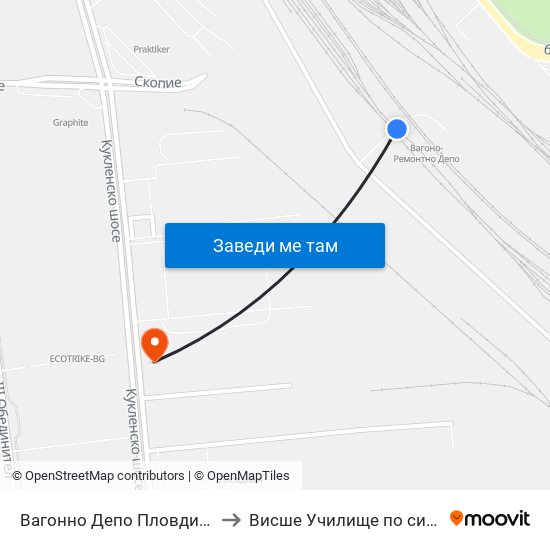 Вагонно Депо Пловдив / Train Depot Plovdiv to Висше Училище по сигурност и икономика map