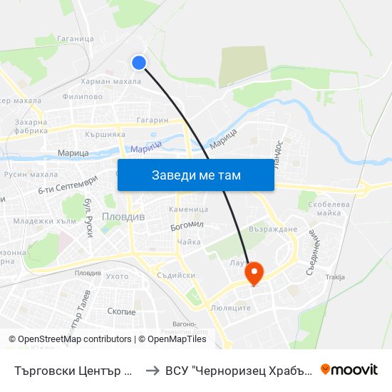 Търговски Център Нова / Nova Shopping Centre (228) to ВСУ "Черноризец Храбър" - Архитектурен факултет гр.Пловдив map