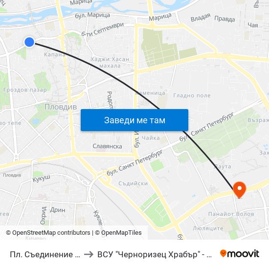 Пл. Съединение / Saedinenie Sq. (141) to ВСУ "Черноризец Храбър" - Архитектурен факултет гр.Пловдив map