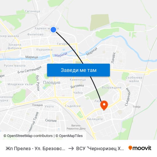 Жп Прелез - Ул. Брезовско Шосе / Level Crossing - Brezovsko Shosse St. (229) to ВСУ "Черноризец Храбър" - Архитектурен факултет гр.Пловдив map