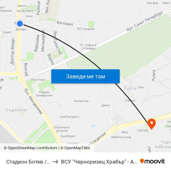 Стадион Ботев / Botev Stadium (259) to ВСУ "Черноризец Храбър" - Архитектурен факултет гр.Пловдив map