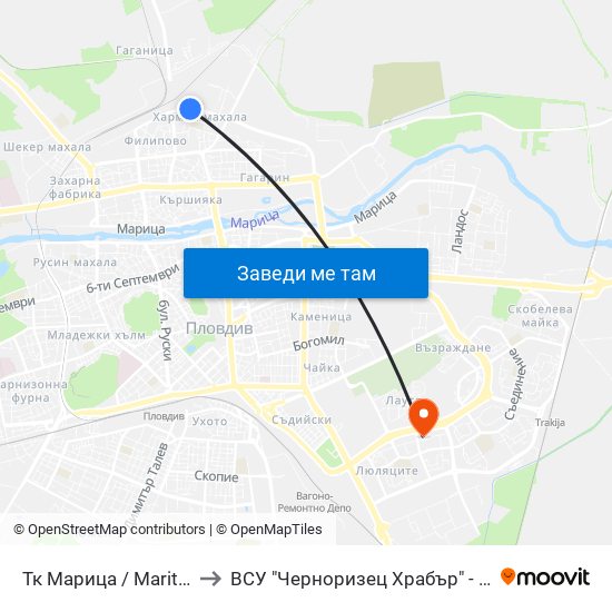Тк Марица / Maritsa Textile Factory (1005) to ВСУ "Черноризец Храбър" - Архитектурен факултет гр.Пловдив map