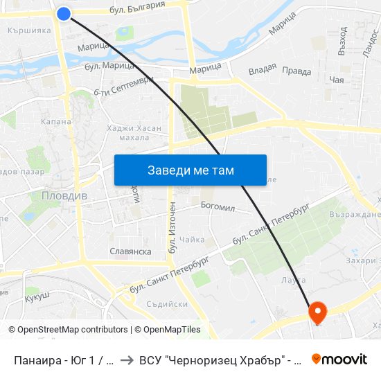 Панаира - Юг 1 / Panaira - South 1 (207) to ВСУ "Черноризец Храбър" - Архитектурен факултет гр.Пловдив map