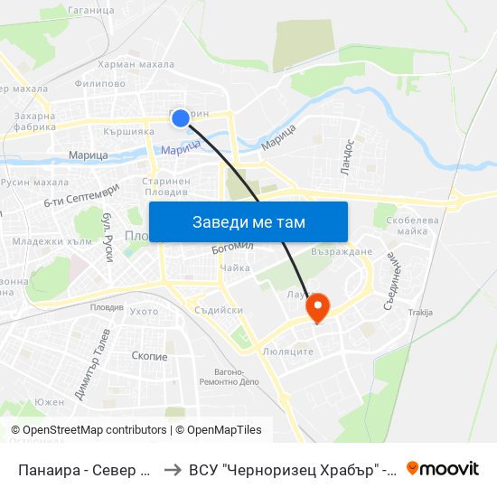 Панаира - Север 1 / Panaira - North 1 (185) to ВСУ "Черноризец Храбър" - Архитектурен факултет гр.Пловдив map