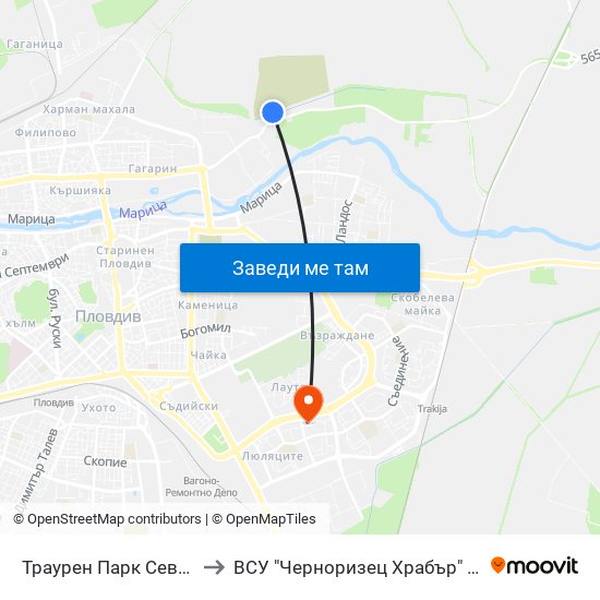 Траурен Парк Север / North Cemetery (1019) to ВСУ "Черноризец Храбър" - Архитектурен факултет гр.Пловдив map