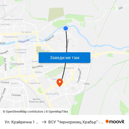 Ул. Крайречна 1 / Krayrechna St. 1 (4009) to ВСУ "Черноризец Храбър" - Архитектурен факултет гр.Пловдив map