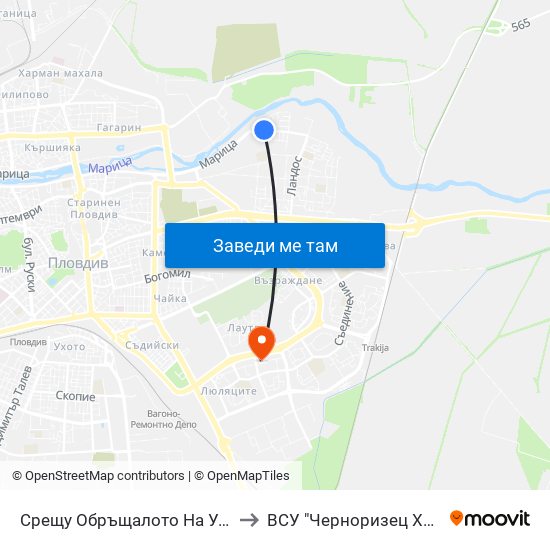 Срещу Обръщалото На Ул. Крайна / Opposite the Turn Spot Of Krayna St. (411) to ВСУ "Черноризец Храбър" - Архитектурен факултет гр.Пловдив map