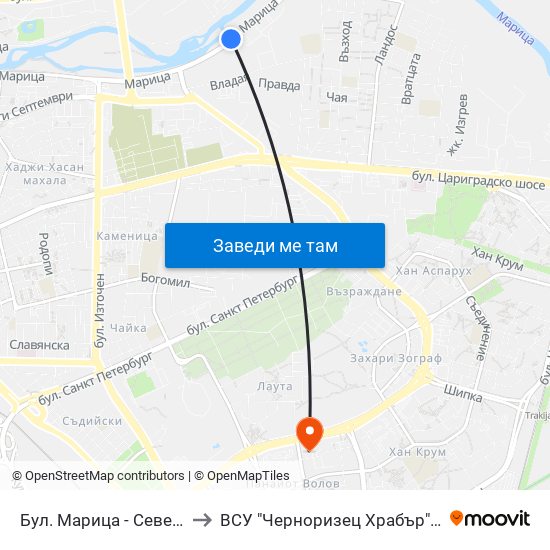 Бул. Марица - Север / Maritsa Blvd - North (412) to ВСУ "Черноризец Храбър" - Архитектурен факултет гр.Пловдив map