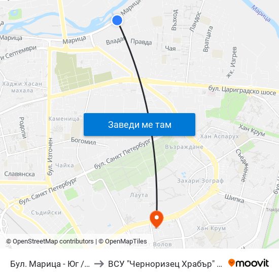 Бул. Марица - Юг / Maritsa Blvd - South (407) to ВСУ "Черноризец Храбър" - Архитектурен факултет гр.Пловдив map