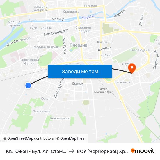 Кв. Южен - Бул. Ал. Стамболийски / Yuzhen Qr - Al. Stamboliyski Blvd (1015) to ВСУ "Черноризец Храбър" - Архитектурен факултет гр.Пловдив map