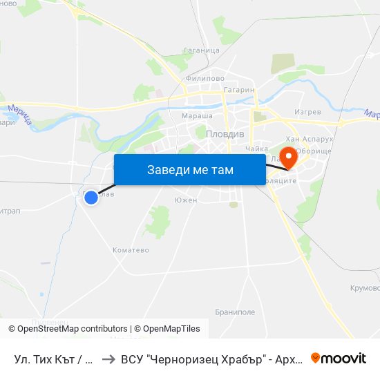 Ул. Тих Кът / Tih Kat St. (485) to ВСУ "Черноризец Храбър" - Архитектурен факултет гр.Пловдив map