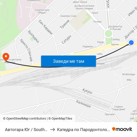 Автогара Юг / South Bus Station (187) to Катедра по Пародонтология @ФДМ Пловдив map