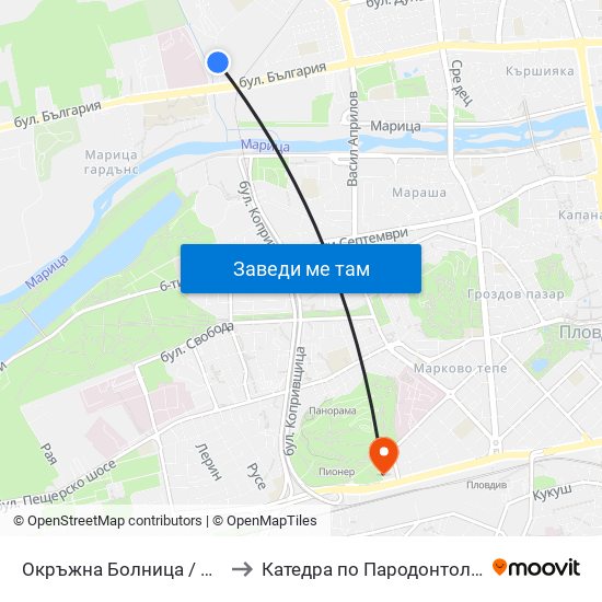 Окръжна Болница / County Hospital (271) to Катедра по Пародонтология @ФДМ Пловдив map