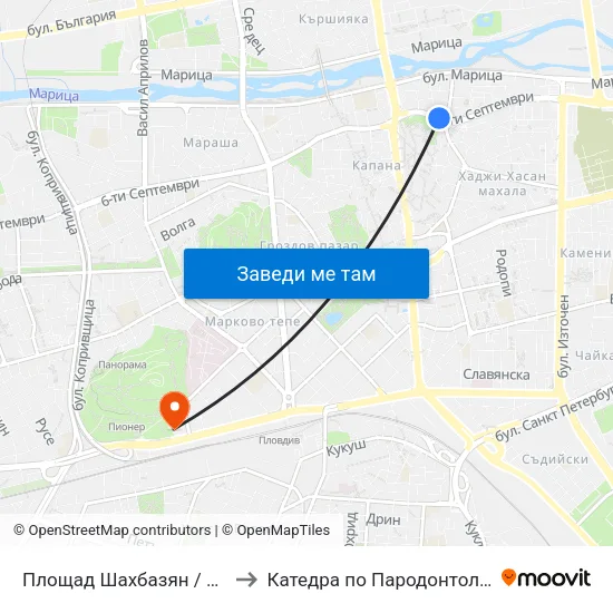 Площад Шахбазян / Shahbazyan Sq. (140) to Катедра по Пародонтология @ФДМ Пловдив map