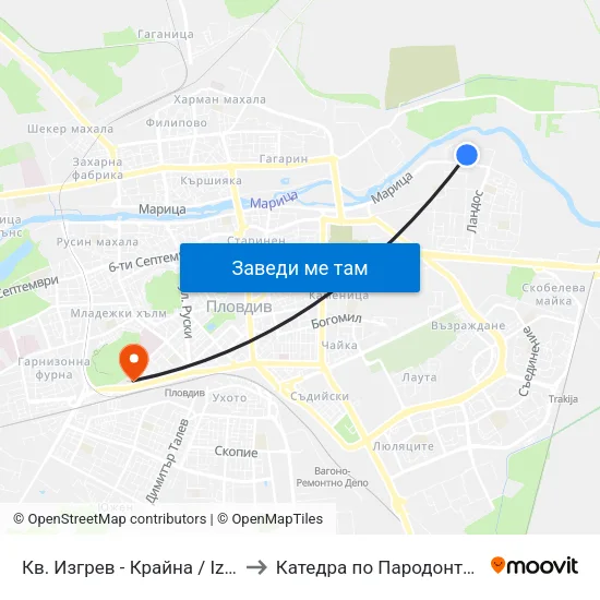 Кв. Изгрев - Крайна / Izgrev Qr - Last Stop (1029) to Катедра по Пародонтология @ФДМ Пловдив map