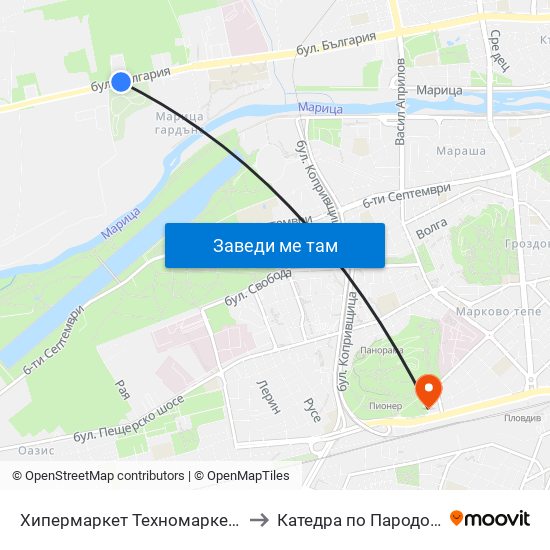 Хипермаркет Техномаркет / Technomarket Hypermarket (336) to Катедра по Пародонтология @ФДМ Пловдив map
