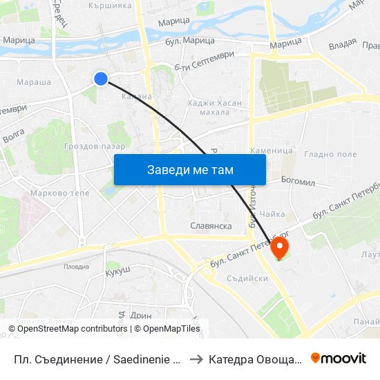Пл. Съединение / Saedinenie Sq. (141) to Катедра Овощарство map