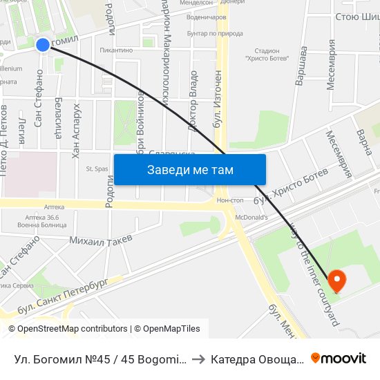 Ул. Богомил №45 / 45 Bogomil St. (222) to Катедра Овощарство map