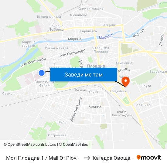 Мол Пловдив 1 / Mall Of Plovdiv 1 (315) to Катедра Овощарство map