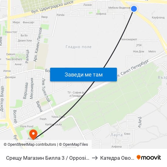 Срещу Магазин Билла 3 / Opposite Billa 3 Store (361) to Катедра Овощарство map