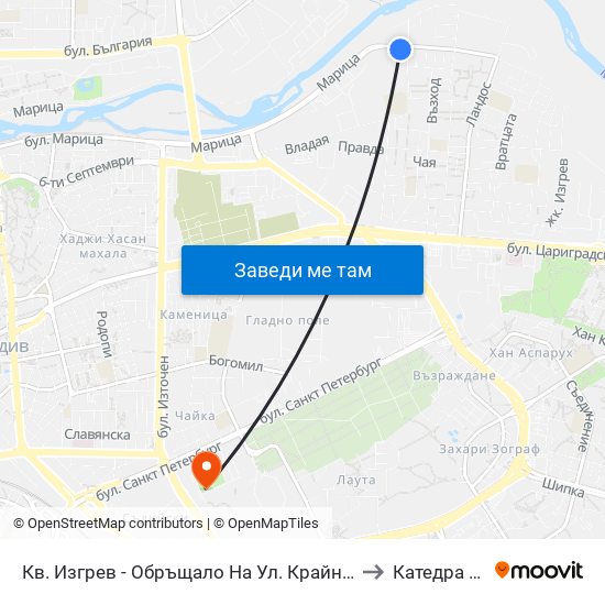 Кв. Изгрев - Обръщало На Ул. Крайна / Izgrev Qr. - Krayna St. Turn Spot (1008) to Катедра Овощарство map