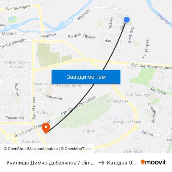 Училище Димчо Дебелянов / Dimcho Debelyanov School (163) to Катедра Овощарство map