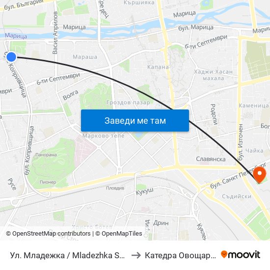 Ул. Младежка / Mladezhka St. (318) to Катедра Овощарство map