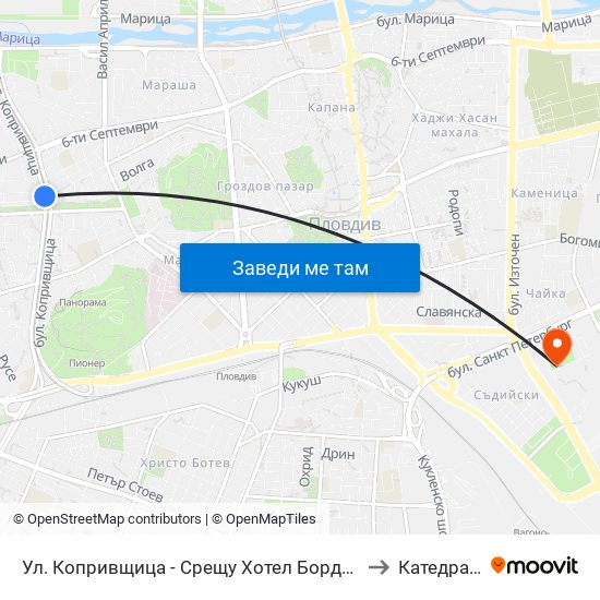 Ул. Копривщица - Срещу Хотел Бордо / Koprivshtitsa St. - Opposite Bordeaux Hotel (313) to Катедра Овощарство map