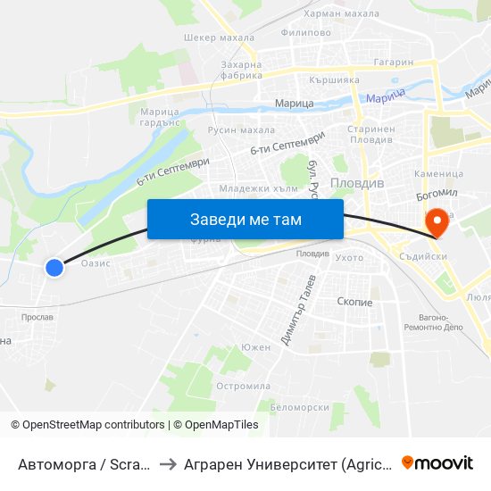 Автоморга / Scrapyard (148) to Аграрен Университет (Agricultural University) map