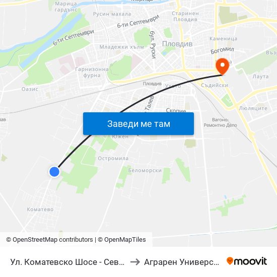 Ул. Коматевско Шосе - Север / Komatevsko Shosse St. - North (27) to Аграрен Университет (Agricultural University) map