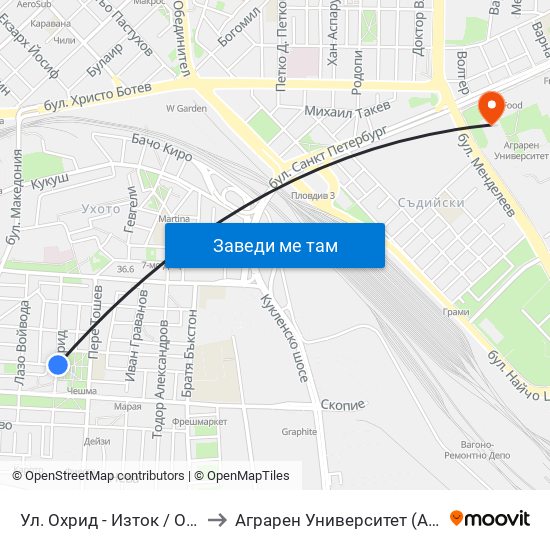 Ул. Охрид - Изток / Ohrid St - East (380) to Аграрен Университет (Agricultural University) map