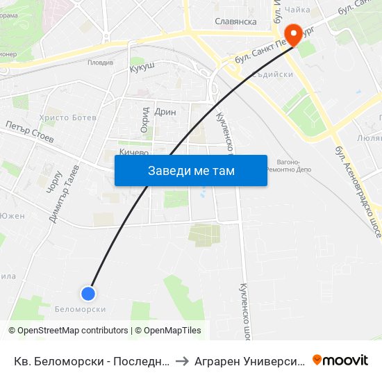 Кв. Беломорски - Последна / Belomorski Qr - Last Stop (1014) to Аграрен Университет (Agricultural University) map
