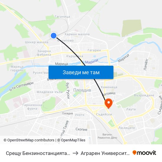 Срещу Бензиностанцията / Opposite the Gas Station (454) to Аграрен Университет (Agricultural University) map