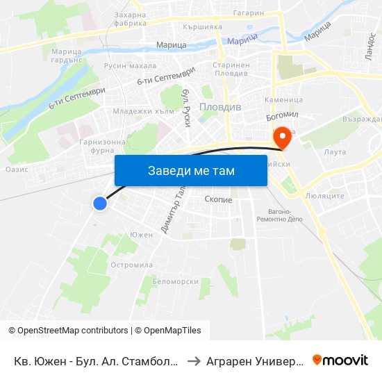 Кв. Южен - Бул. Ал. Стамболийски / Yuzhen Qr - Al. Stamboliyski Blvd (1015) to Аграрен Университет (Agricultural University) map