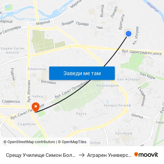 Срещу Училище Симон Боливар / Opposite Simon Bolivar School (399) to Аграрен Университет (Agricultural University) map