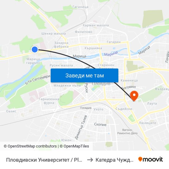 Пловдивски Университет / Plovdiv University (1003) to Катедра Чужди Езици - АУ map