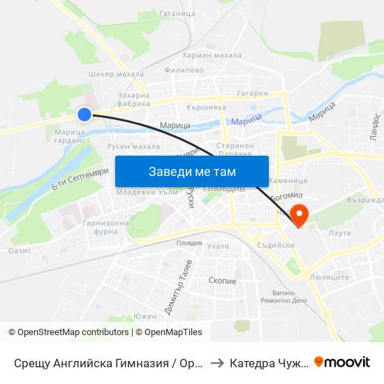 Срещу Английска Гимназия / Opposite English High School (416) to Катедра Чужди Езици - АУ map