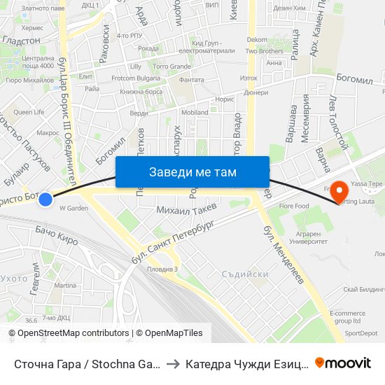 Сточна Гара / Stochna Gara (43) to Катедра Чужди Езици - АУ map