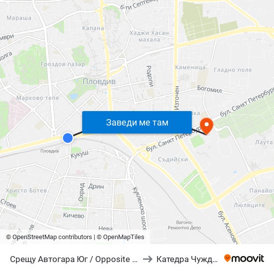 Срещу Автогара Юг / Opposite South Bus Station (206) to Катедра Чужди Езици - АУ map