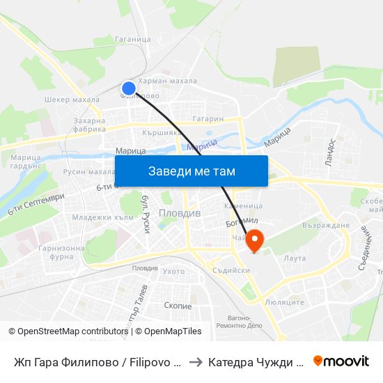 Жп Гара Филипово / Filipovo Train Station (73) to Катедра Чужди Езици - АУ map