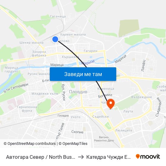 Автогара Север / North Bus Station (57) to Катедра Чужди Езици - АУ map