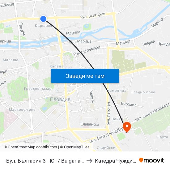 Бул. България 3 - Юг / Bulgaria Blvd 3 - North (100) to Катедра Чужди Езици - АУ map