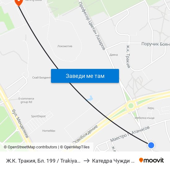 Ж.К. Тракия, Бл. 199 / Trakiya Qr, Bl. 199 (352) to Катедра Чужди Езици - АУ map