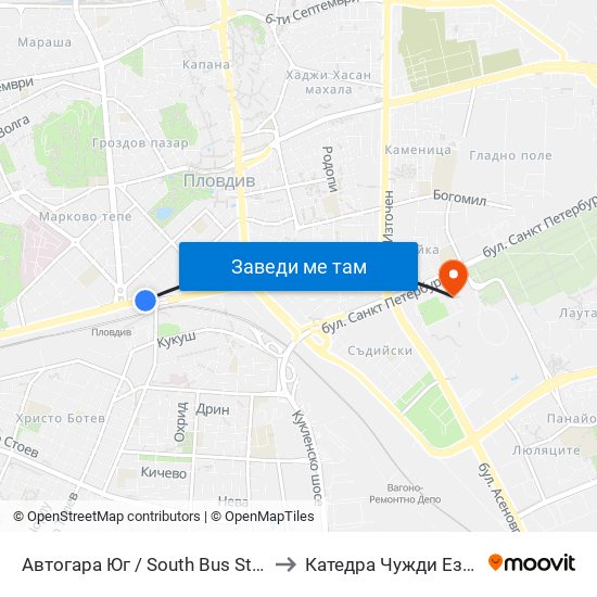 Автогара Юг / South Bus Station (187) to Катедра Чужди Езици - АУ map