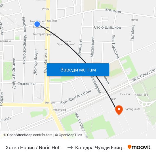 Хотел Норис / Noris Hotel (221) to Катедра Чужди Езици - АУ map