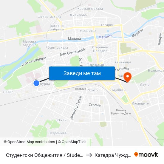 Студентски Общежития / Student Accommodation (389) to Катедра Чужди Езици - АУ map