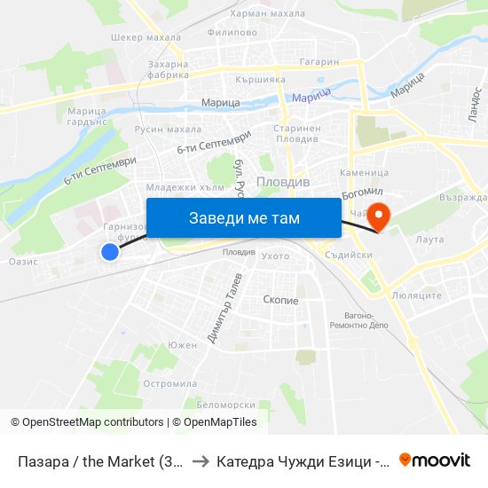 Пазара / the Market (390) to Катедра Чужди Езици - АУ map