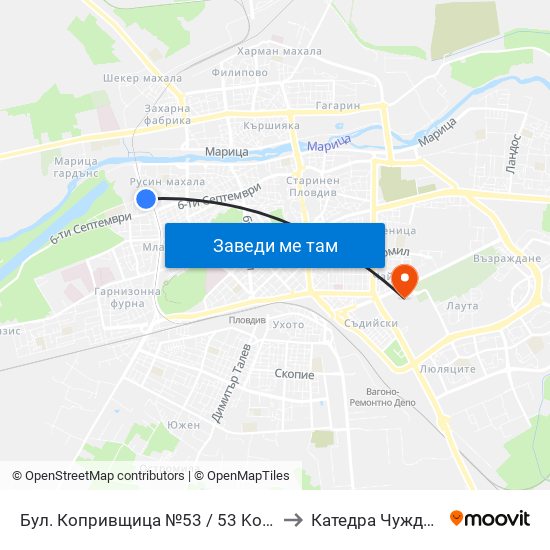 Бул. Копривщица №53 / 53 Koprivshtitsa Blvd. (387) to Катедра Чужди Езици - АУ map