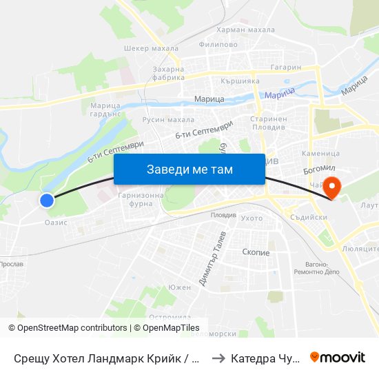 Срещу Хотел Ландмарк Крийк / Opposite Landmark Creek Hotel (464) to Катедра Чужди Езици - АУ map